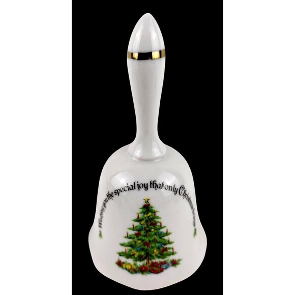 Porcelain Christmas Tree Bell Vintage Enesco Imports Made in Japan White 1970s - Picture 1 of 12